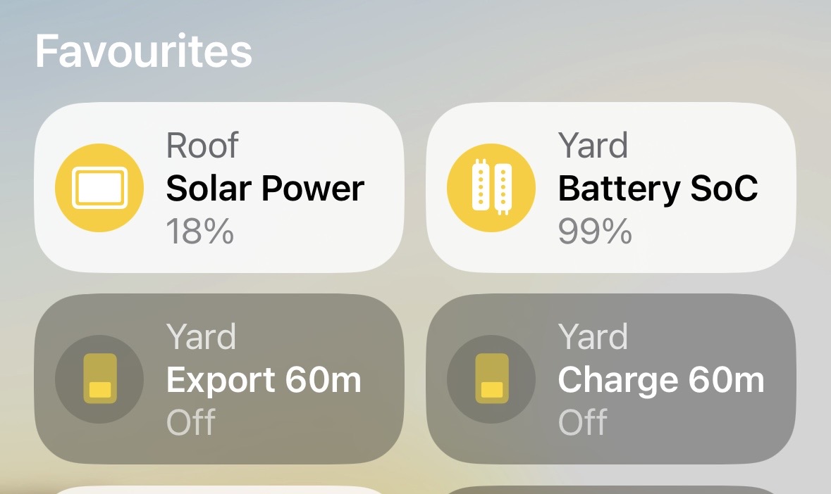 Apple Home favourites showing GivHome battery level, solar generation, export and charge controls